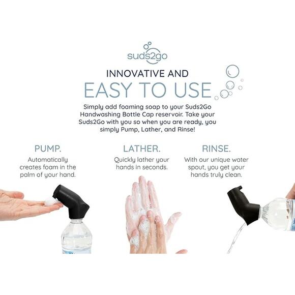 NWT Suds2Go Refillable Caps 2-Pack – Turns Bottles Into Portable Handwashing - Picture 2 of 4